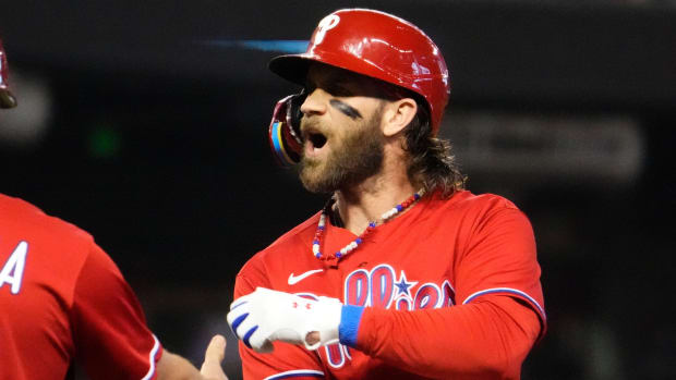 Philadelphia Phillies designated hitter Bryce Harper celebrates during Game 5 of 2023 NLCS